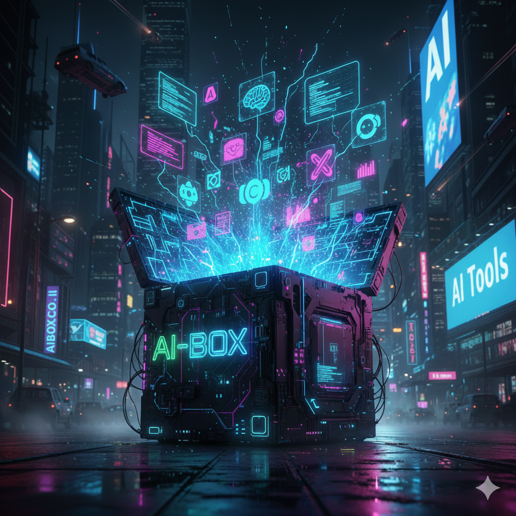 מערכת AI-BOX פתוחה הפולטת ממשקי נתונים וסמלי בינה מלאכותית ברחוב עתידני בסגנון סייברפאנק