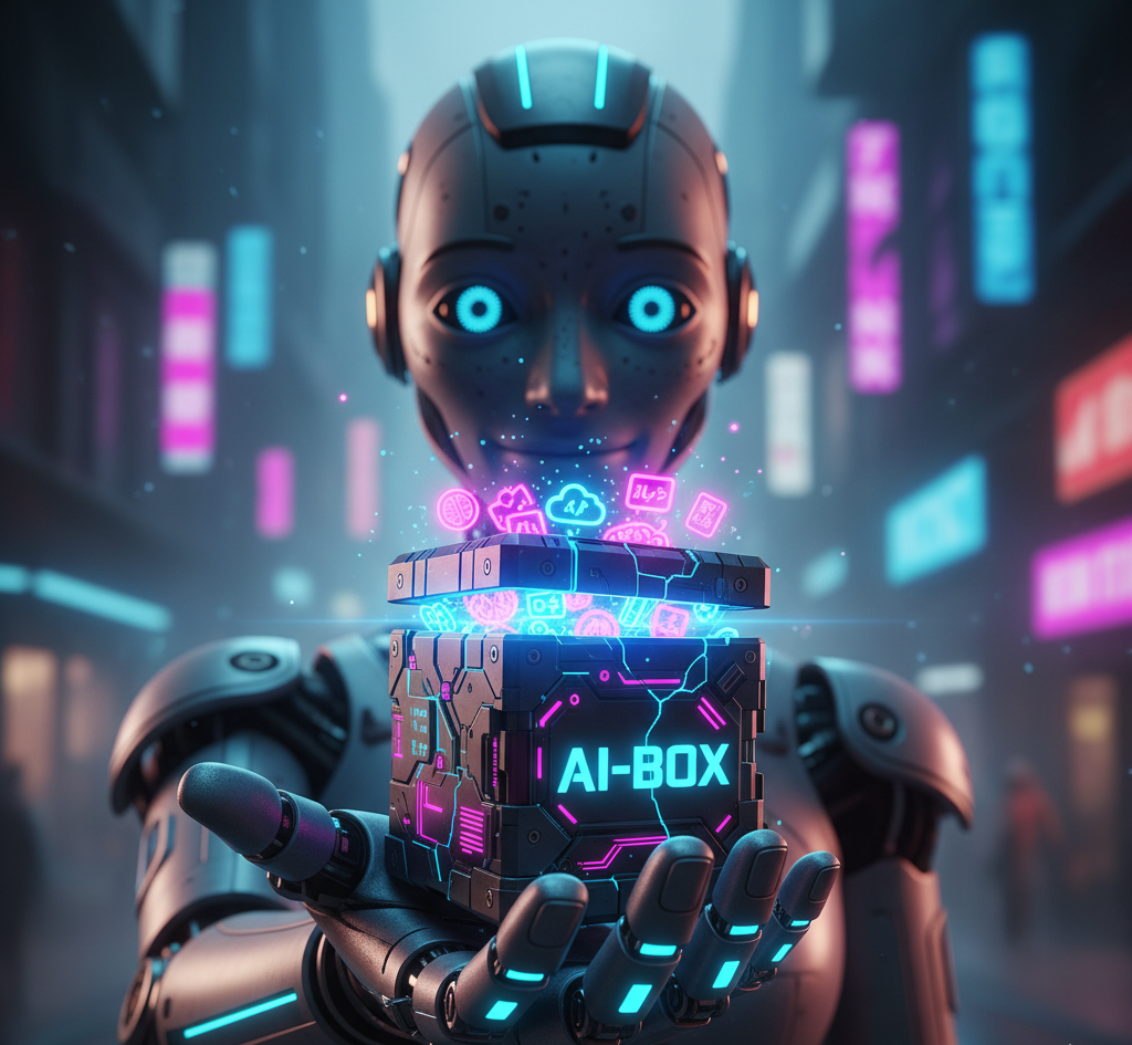 דמות רובוט עתידנית מחזיקה קופסת טכנולוגיה ממותגת AI-BOX עם סמלים דיגיטליים זוהרים