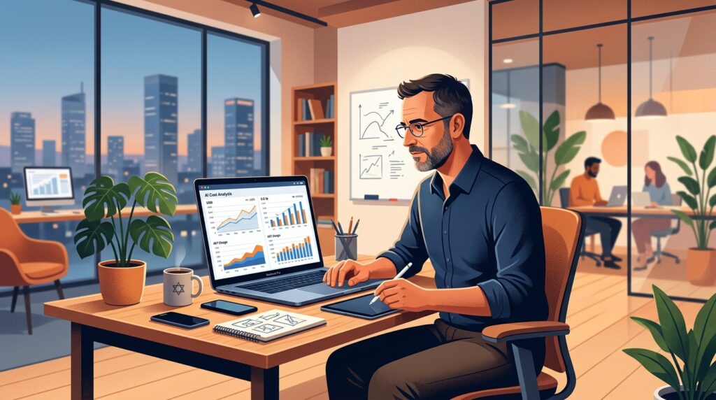 בעל עסק ישראלי קטן בודק עלויות Gemini 3.1 Flash-Lite על מסך מחשב נייד