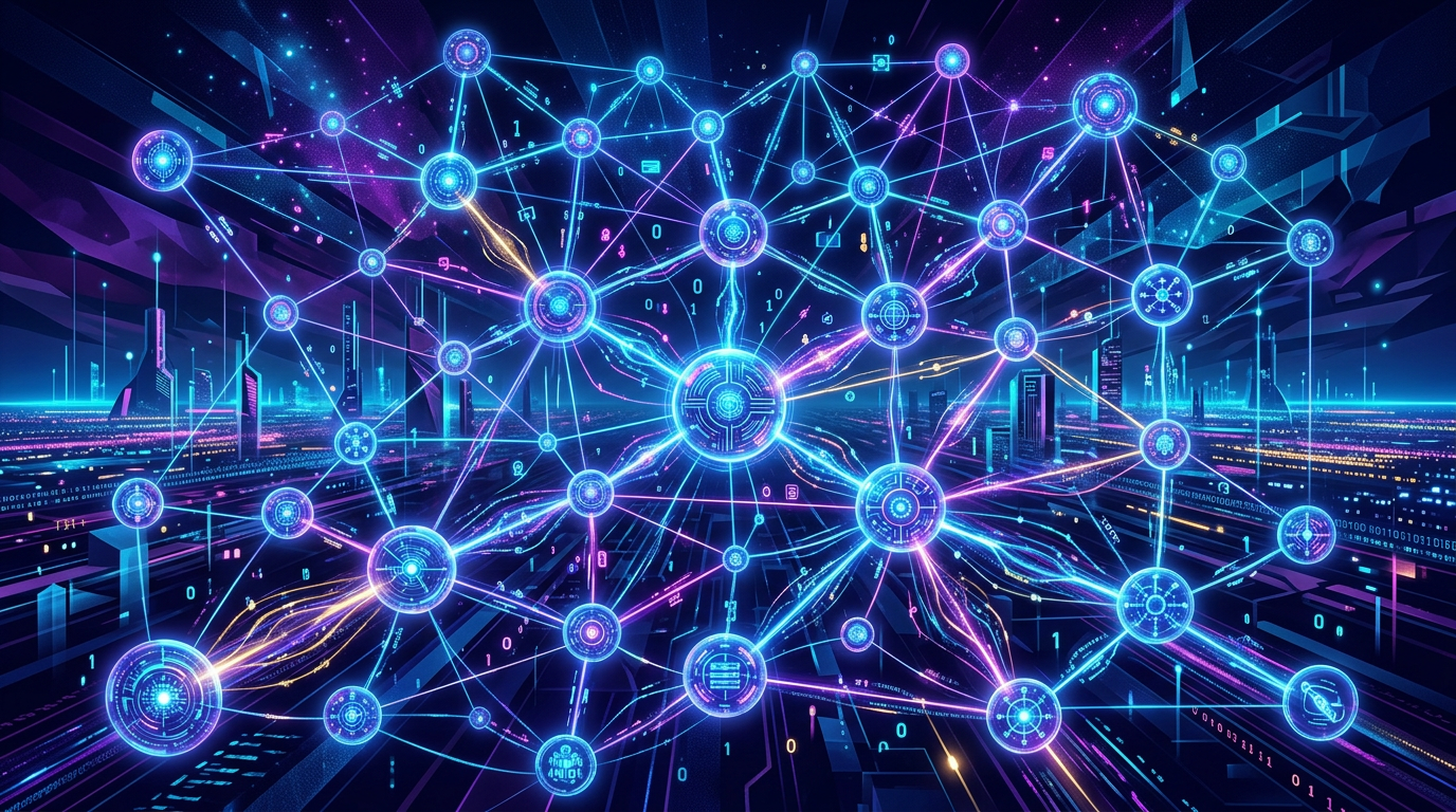 רשת של סוכני AI מתקשרים זה עם זה, המסמלת את עידן ה-AI האג'נטי של מטא