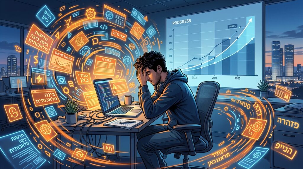 אדם מוצף בכותרות AI ויראליות, המסמל פאניקת AI ברשתות החברתיות