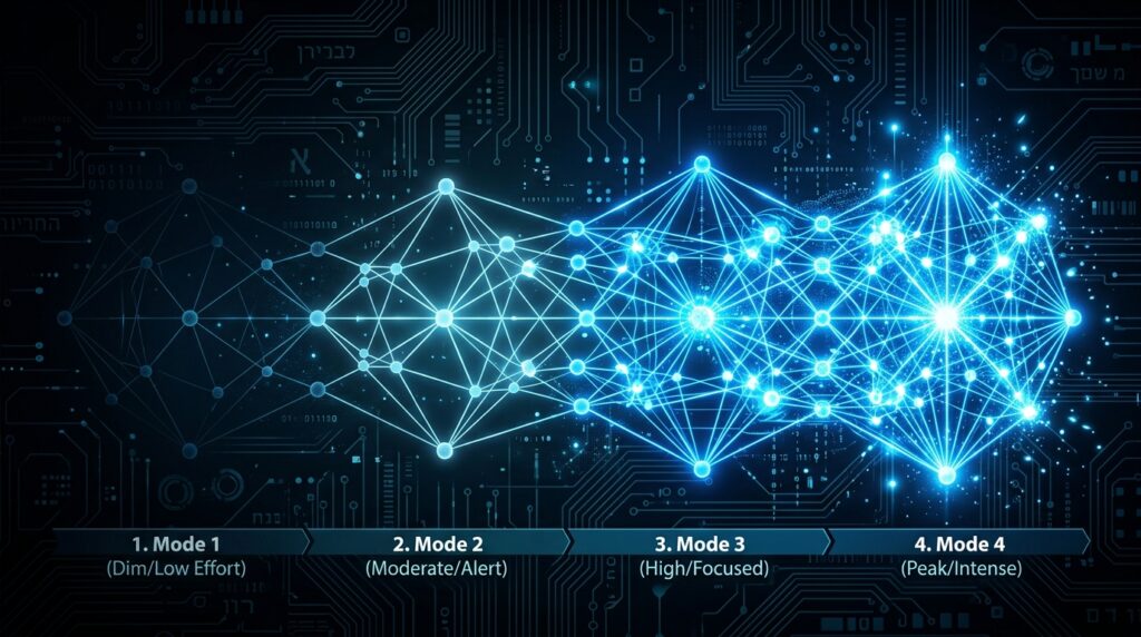 דיאגרמת רשת עצבית עם ארבע רמות עוצמה המסמלת חשיבה אדפטיבית ב-Claude Opus 4.6