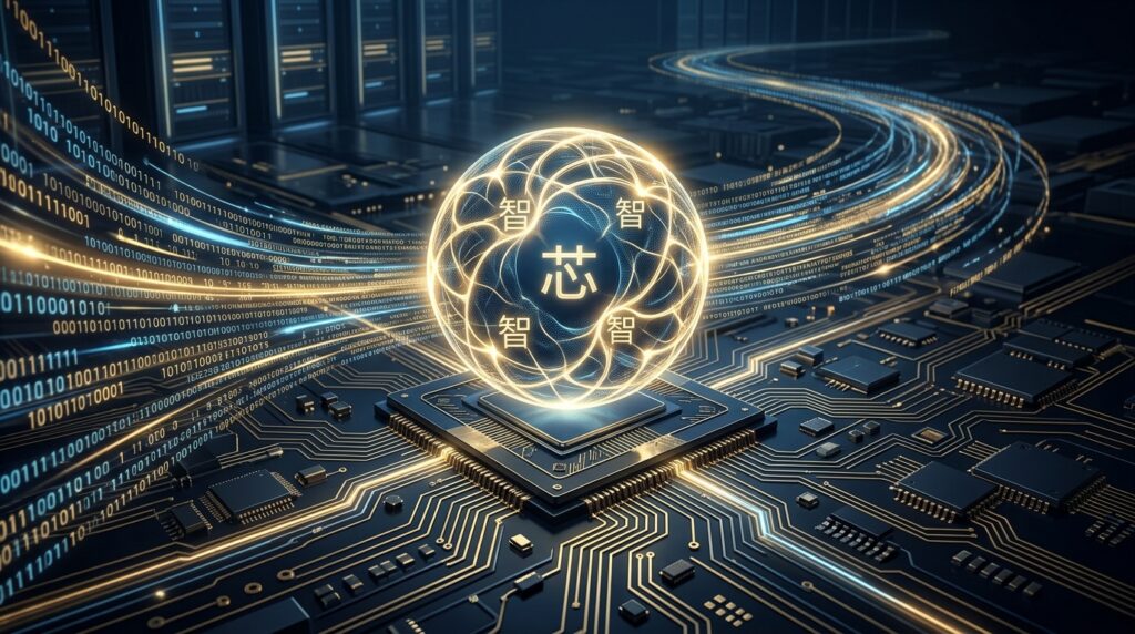 מודל AI סיני MiniMax M2.7 מוצג כרשת נוירונים זוהרת מעל לוח מעגלים עתידני