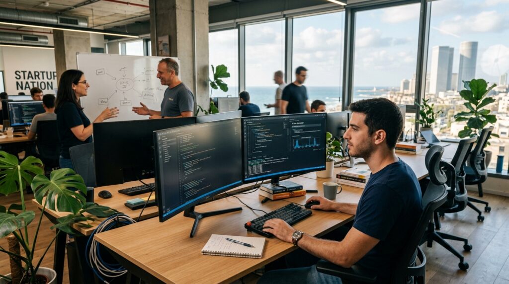 ג'וניור בהייטק ישראלי מסתכל על קוד שנוצר על ידי AI במשרד סטארטאפ בתל אביב
