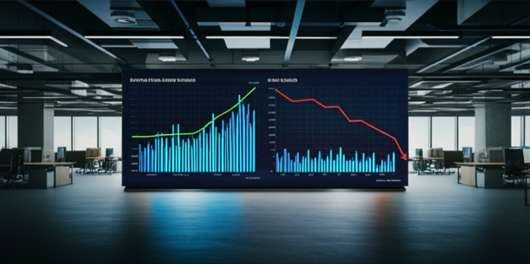 מסך דיגיטלי במשרד מודרני המציג גרפים של פרויקטי AI שנכשלים לצד פרויקטים מצליחים