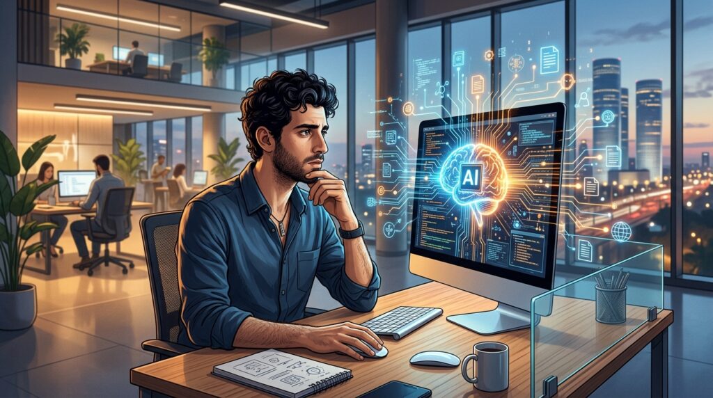 עובד ישראלי מביט במסך כשמערכת AI בשוק העבודה הישראלי סופגת את הידע המקצועי שלו