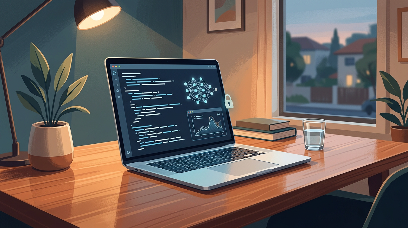 מחשב נייד מריץ LLM מקומי ללא חיבור לענן, המסמל פרטיות ואבטחת נתונים לעסקים