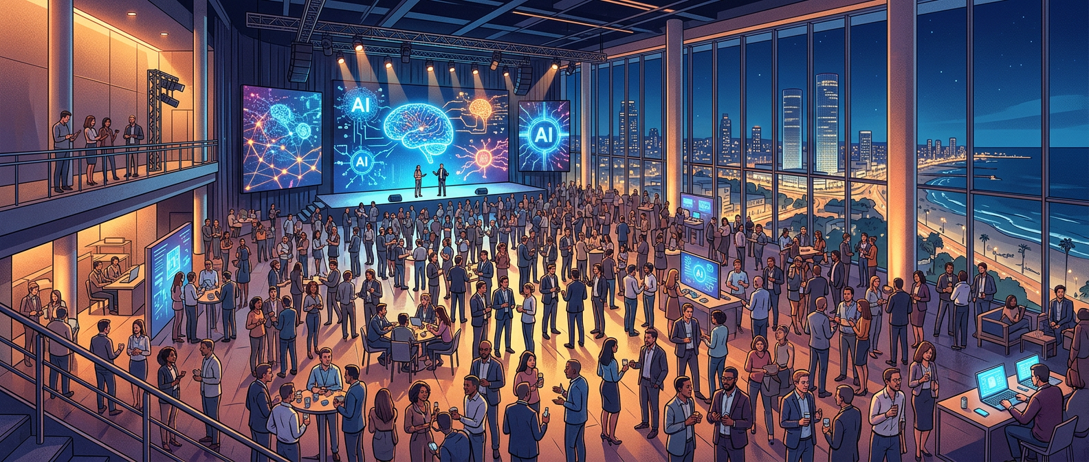 אלפי אנשי טכנולוגיה בכנס Future of AI 2026 בתל אביב, עם מסכי בינה מלאכותית ענקיים ברקע