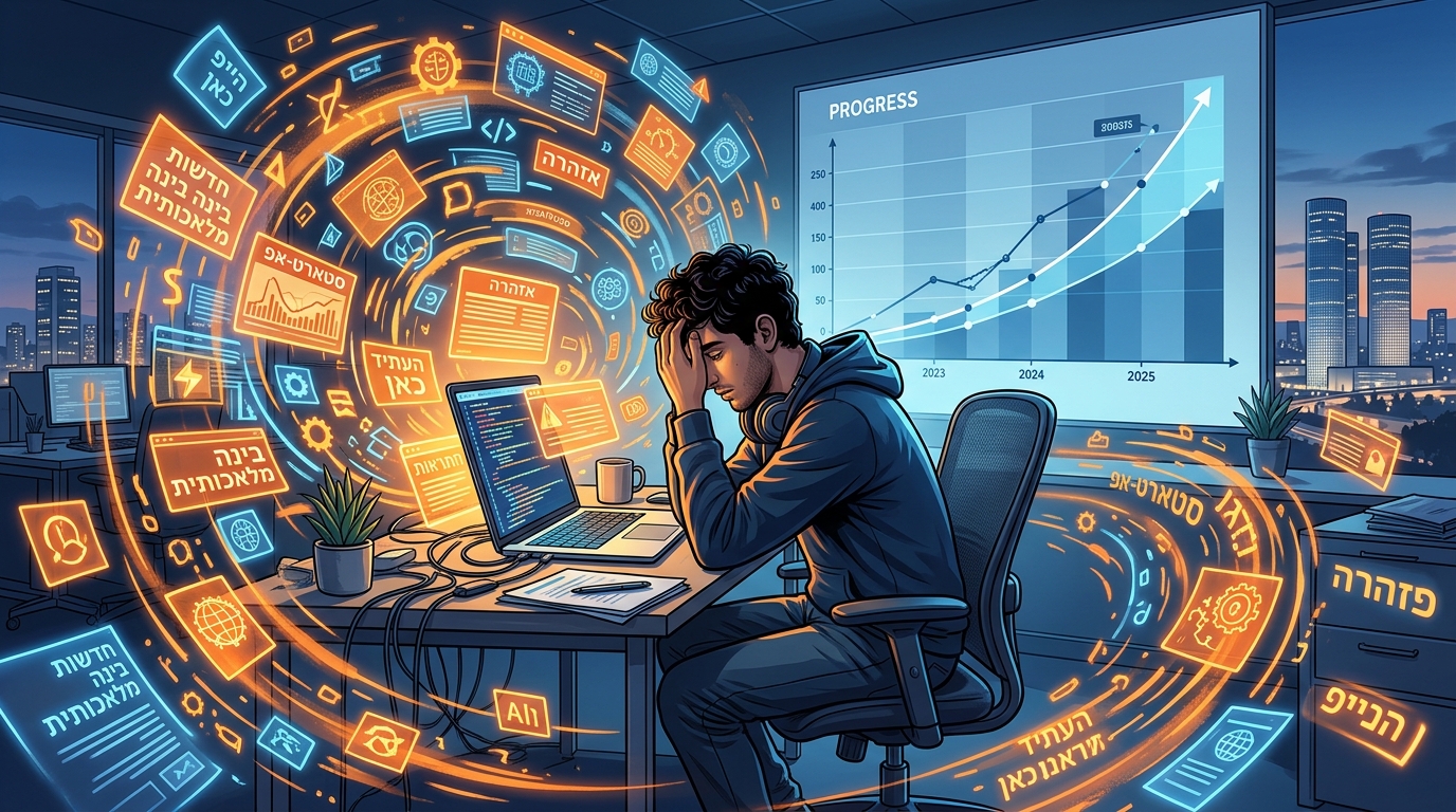 אדם מוצף בכותרות AI ויראליות, המסמל פאניקת AI ברשתות החברתיות