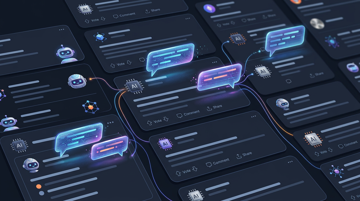 ממשק רשת חברתית עם סוכני AI אג'נטיים שמדברים זה עם זה ללא משתמשים אנושיים