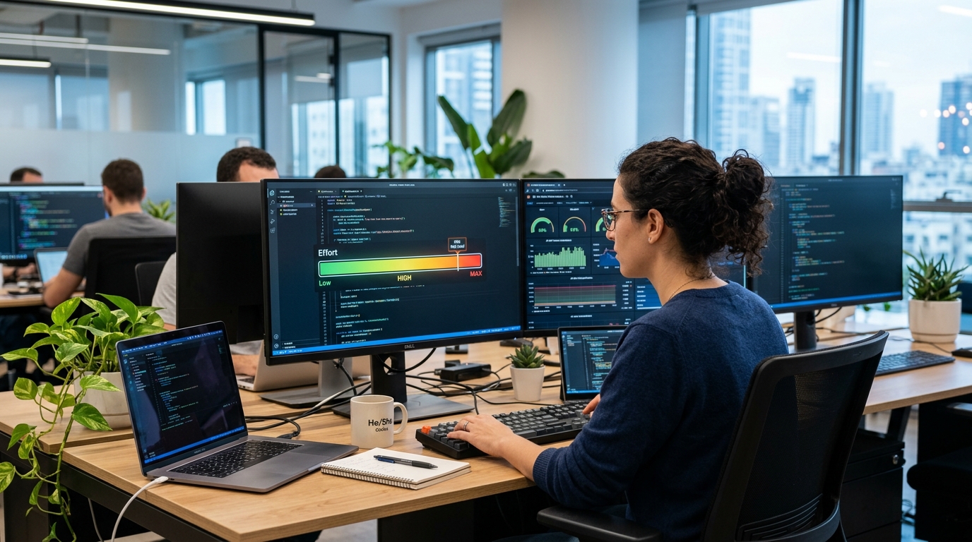 מפתח עם מסכי קוד וגרף רמות מאמץ ב-Claude Opus 4.6 עם חשיבה אדפטיבית
