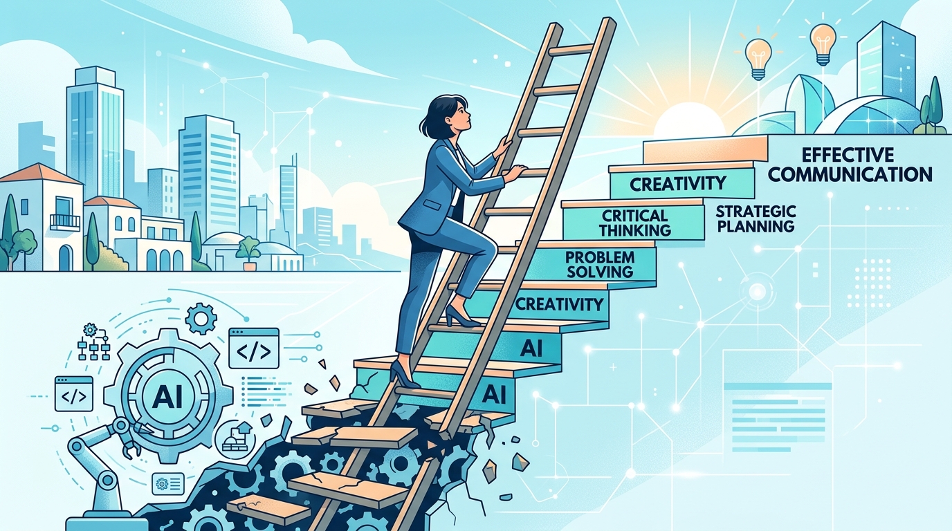 סולם קריירה שבו שלבים תחתונים מוחלפים על ידי AI וג'וניורים בהייטק מטפסים לכישורים גבוהים יותר