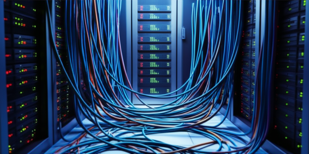 חדר שרתים עם כבלים מבולגנים ואורות אזהרה, המייצג תשתית דאטה לקויה שגורמת לפרויקטי AI להיכשל