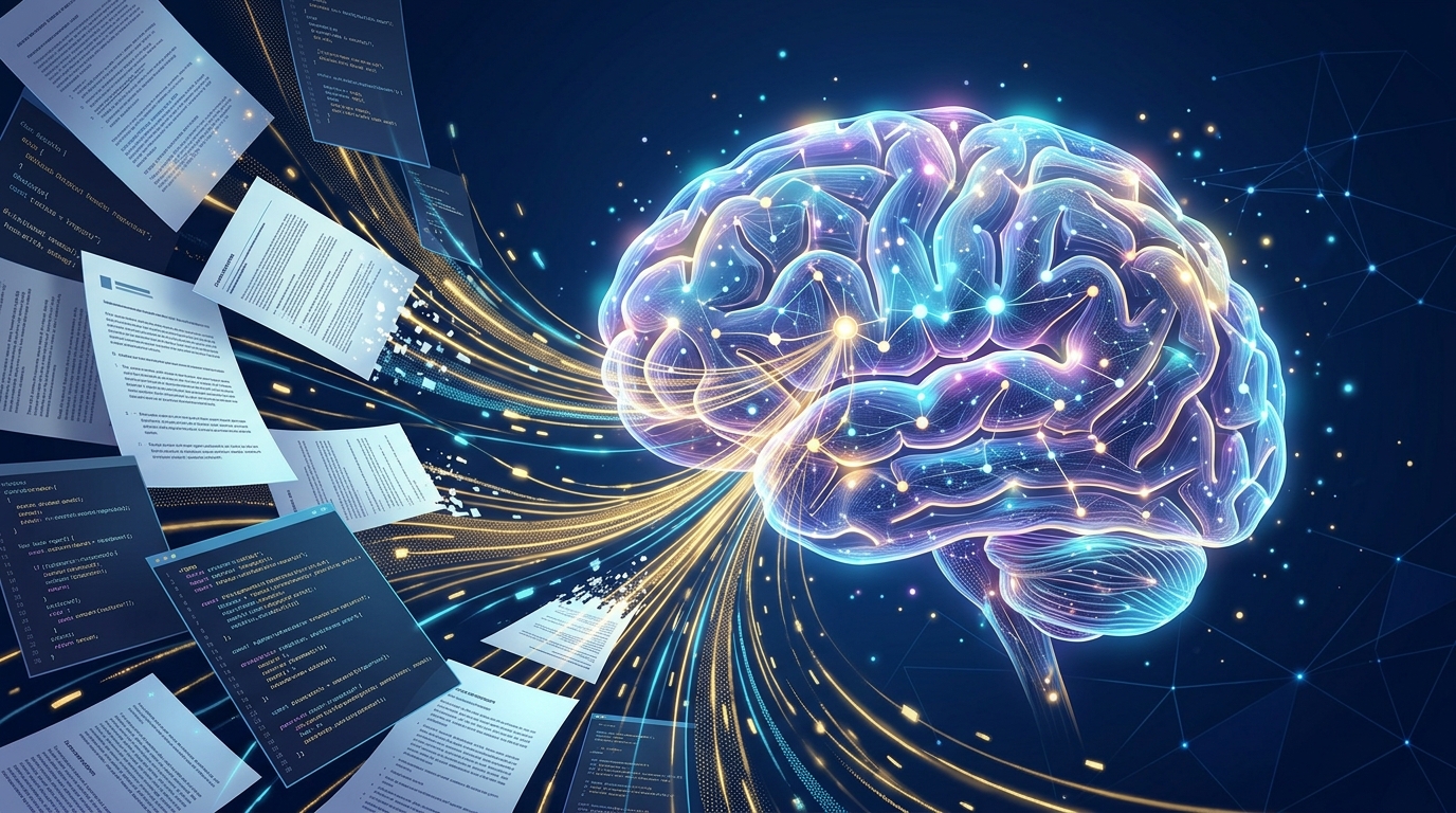 מוח דיגיטלי מואר שסופג מסמכים מקצועיים, המסמל AI ארגוני שלומד מידע מעובדים