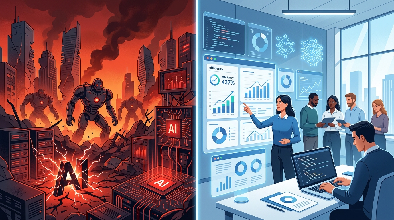 ציר זמן מפוצל בין דרמה של פאניקת AI לבין כלים מעשיים ורגועים