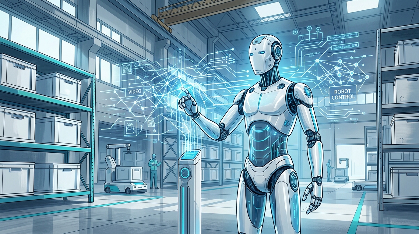 רובוט הומנואידי במחסן עתידני עם רשת נוירונים מוארת, מייצג את מעבר טכנולוגיית Sora בינה מלאכותית לרובוטיקה