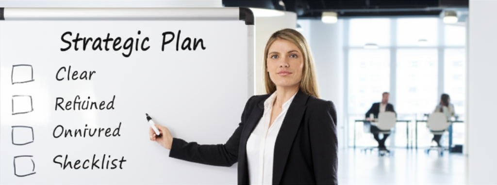 איש עסקים מצביע על לוח לבן עם רשימת עקרונות להצלחת פרויקטי AI בארגון