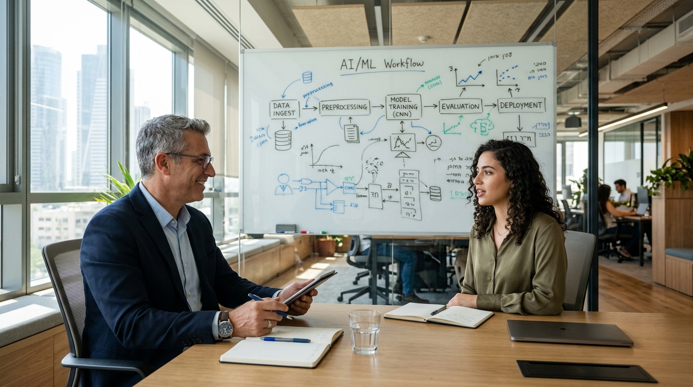 מנהל גיוס בחברת הייטק ישראלית מראיין ג'וניור בעידן ה-AI עם דיאגרמות סוכנים על הלוח