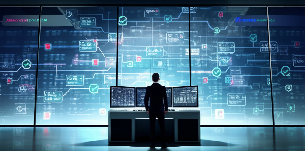 איש עסקים מפקח על מערכת סוכני AI אוטונומיים עם נקודות ביקורת אנושיות