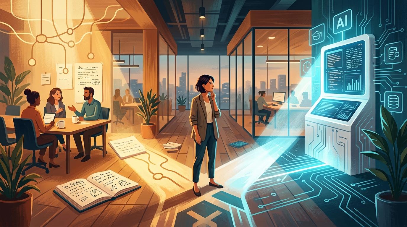 עובד עומד בצומת דרכים בין שיתוף ידע עם AI לבין הגנה על הנכס המקצועי שלו בשוק העבודה