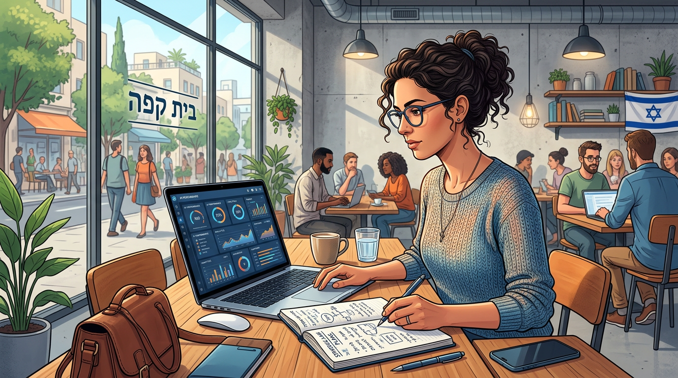 בעל עסק קטן ישראלי עובד עם כלי בינה מלאכותית לעסקים אחרי כנס Future of AI 2026