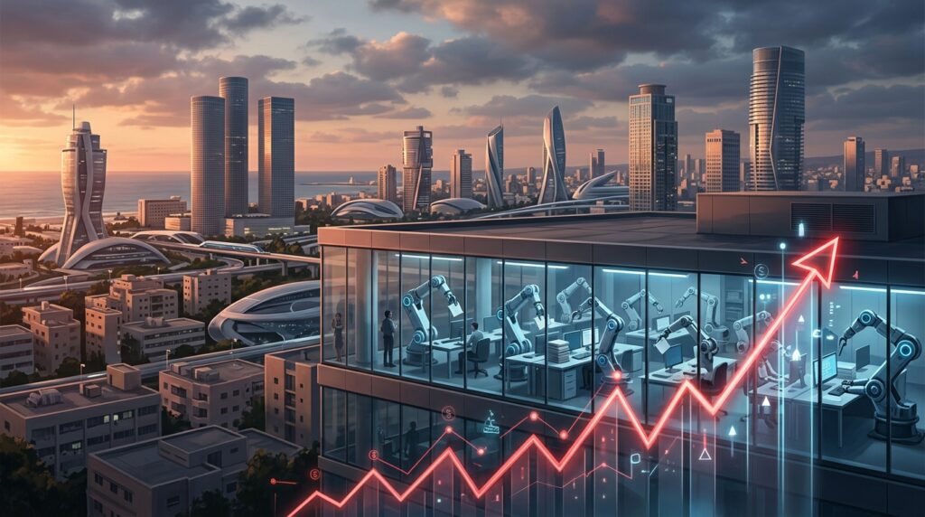 עובדים ישראלים מול רובוטים ומחשבים, המסמלים את השינוי בשוק העבודה הישראלי מול AI