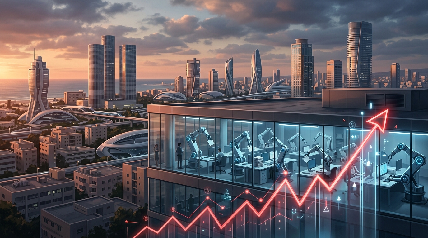 עובדים ישראלים מול רובוטים ומחשבים, המסמלים את השינוי בשוק העבודה הישראלי מול AI