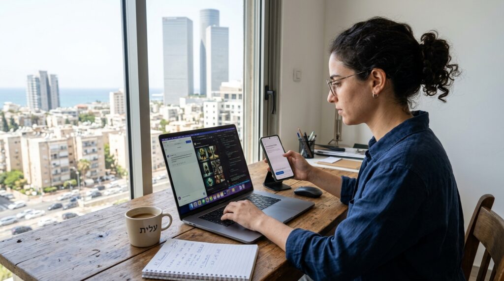 בינה מלאכותית להורדה בחינם - אדם ישראלי משתמש בכלי AI חינמיים על מחשב וטלפון