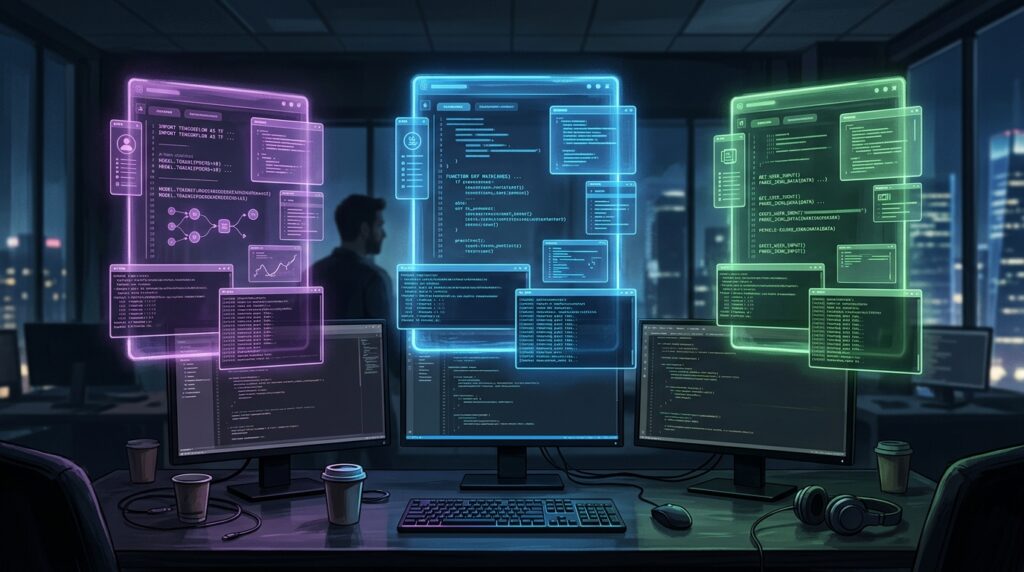 השוואה בין שלושה כלי AI לפיתוח קוד - Cursor 3, Claude Code ו-Codex בסביבת פיתוח מודרנית