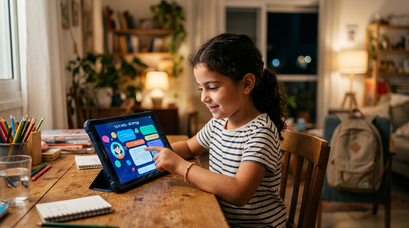 ילד קטן לומד מה זה בינה מלאכותית הסבר לילדים על טאבלט בבית