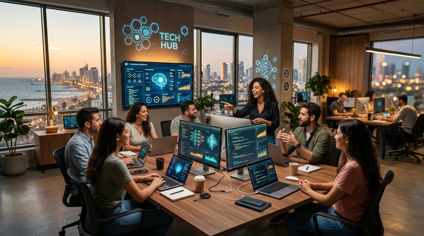 עובדים ישראלים בסביבת עבודה מודרנית עם AI שמבצע משימות משרדיות