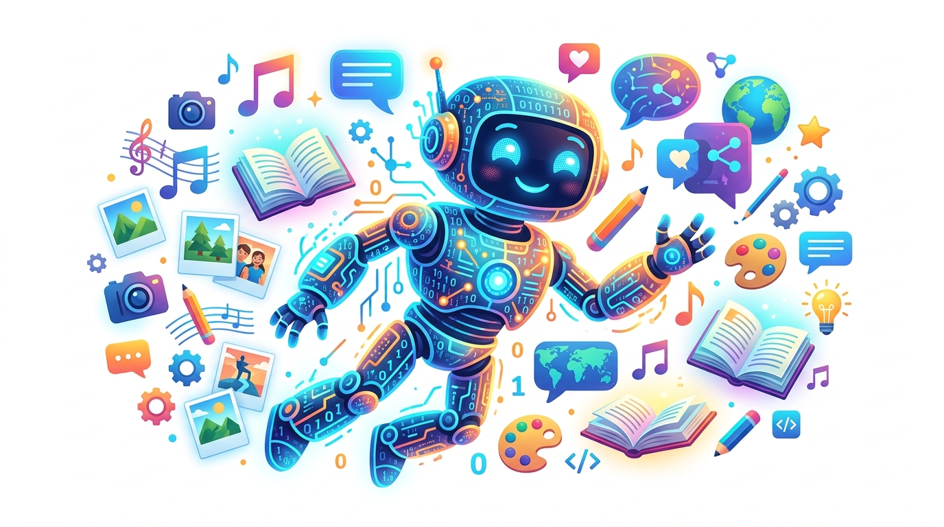 איור של רובוט ידידותי מסביר בינה מלאכותית לילדים בצורה פשוטה