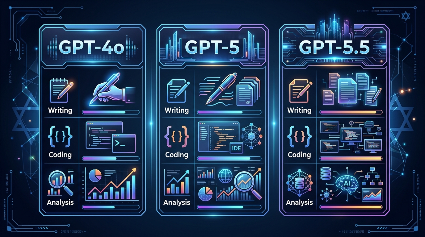 השוואה בין GPT-4o ל-GPT-5 ול-GPT-5.5 לפי סוג משימה