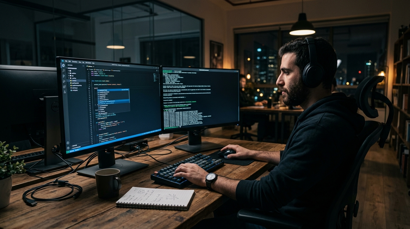 מפתח עובד עם כלי AI לפיתוח קוד בסביבת עריכה ויזואלית ובטרמינל בו-זמנית