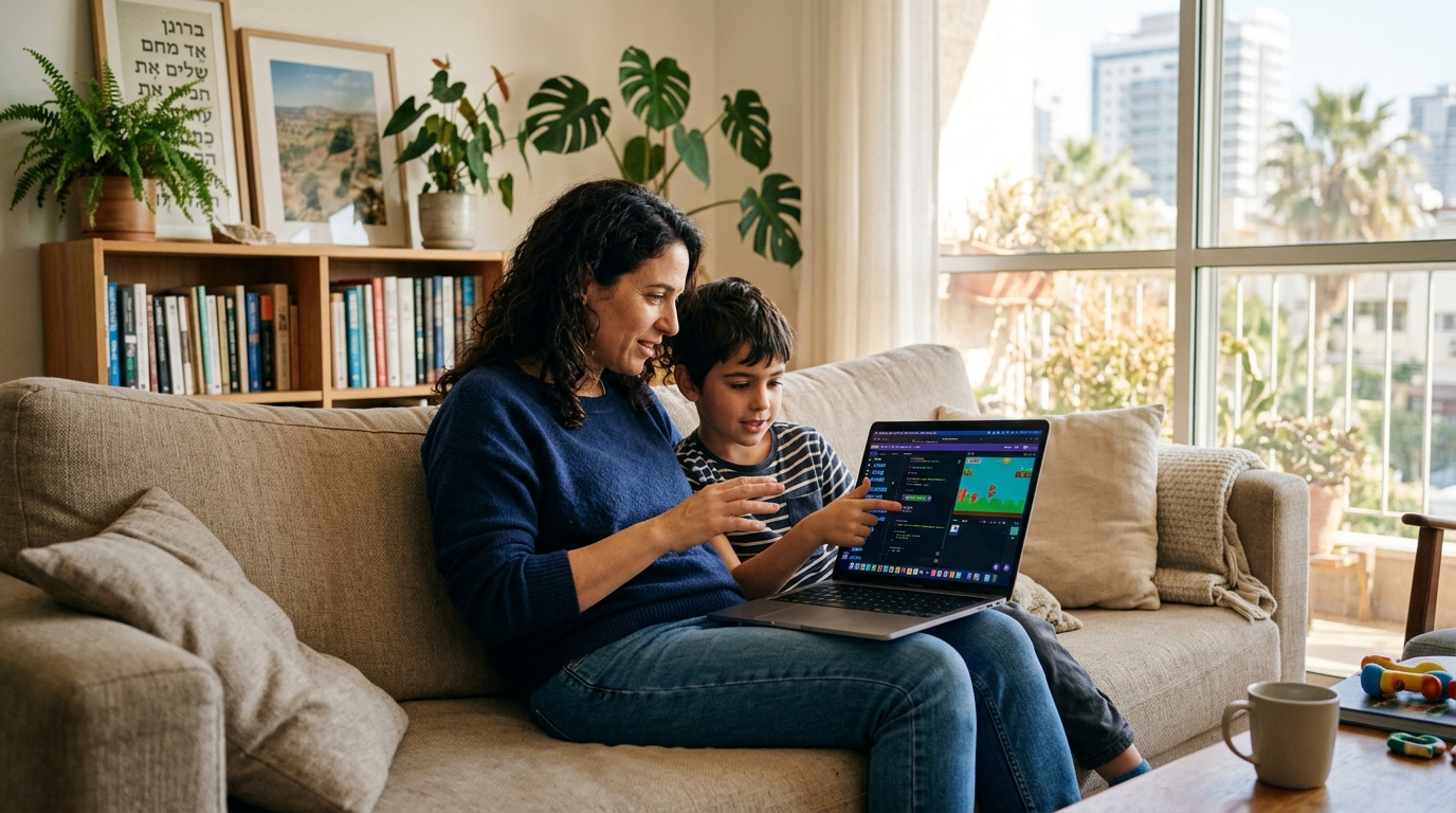 הורה וילד לומדים יחד מה זה בינה מלאכותית הסבר לילדים בבית