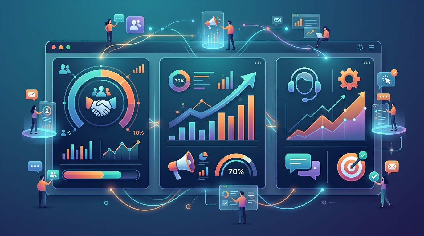 לוח בקרה של AI המנהל משימות משרדיות כמו גיוס עובדים ותמיכת לקוחות