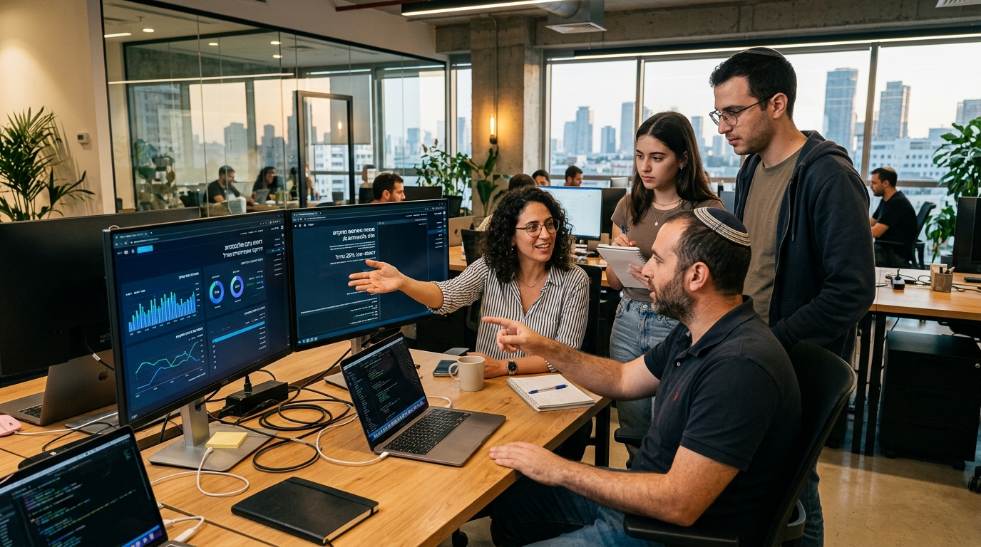 עובדי טכנולוגיה ישראלים משתמשים בבינה מלאכותית בעברית במשרד מודרני