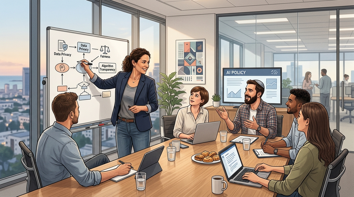 מנהל מציג מדיניות AI ברורה לצוות - הפתרון לבושת ה-AI בארגון