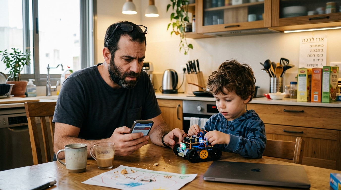הורה ישראלי בודק את בטיחות צעצוע AI חכם עם ילדו בבית
