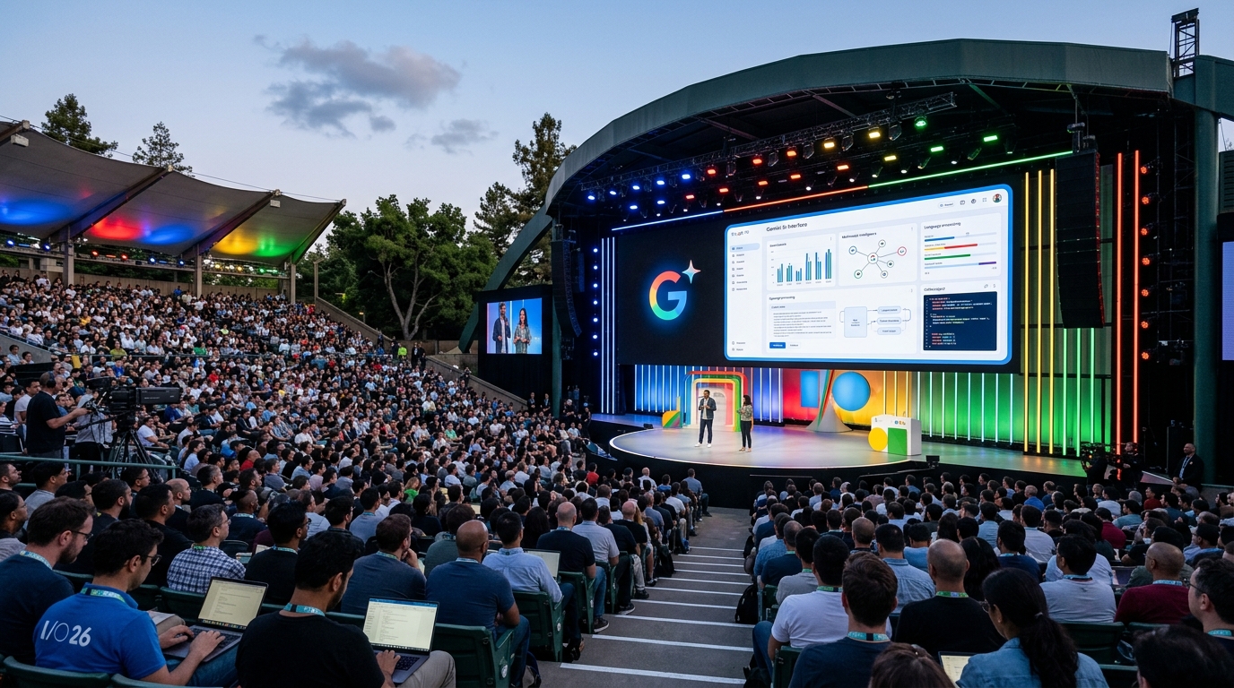 במת Google I/O 2026 עם מסך Gemini ועדכוני בינה מלאכותית לקהל מפתחים