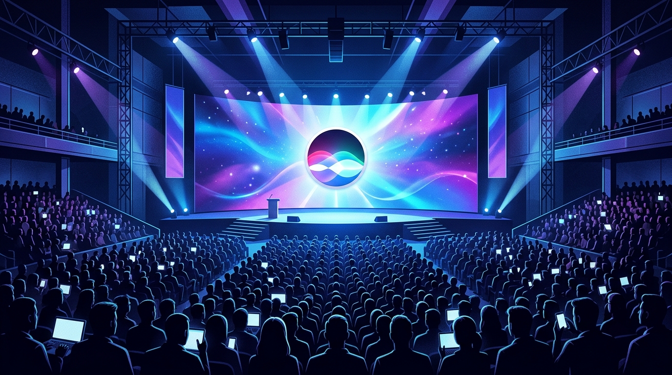 הכרזת סירי שדרוג WWDC 2026 על במת כנס המפתחים של אפל