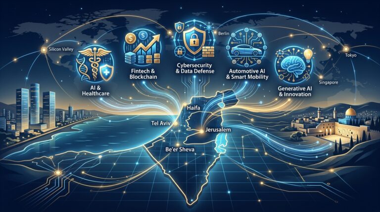 מגמות AI 2026 עם חמישה סמלים טכנולוגיים מעל מפת ישראל