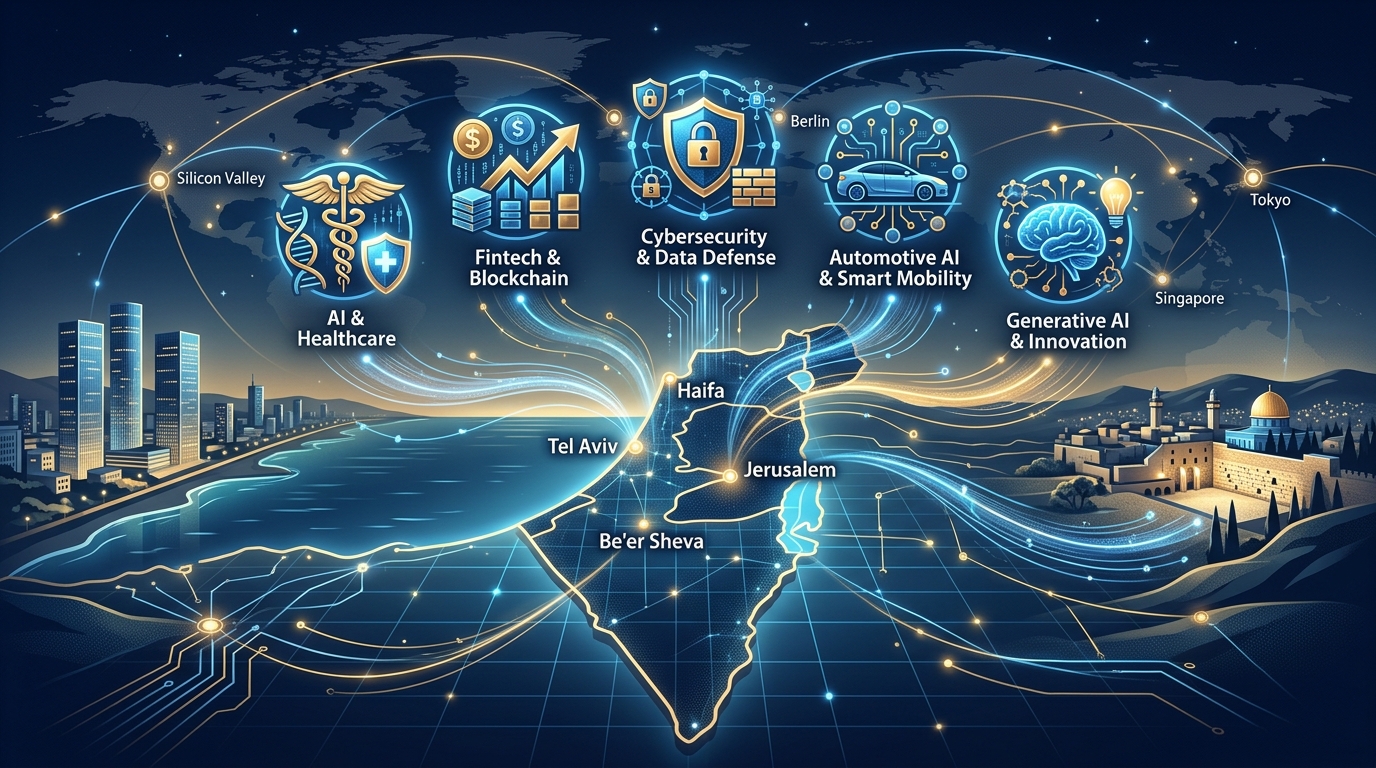 מגמות AI 2026 עם חמישה סמלים טכנולוגיים מעל מפת ישראל